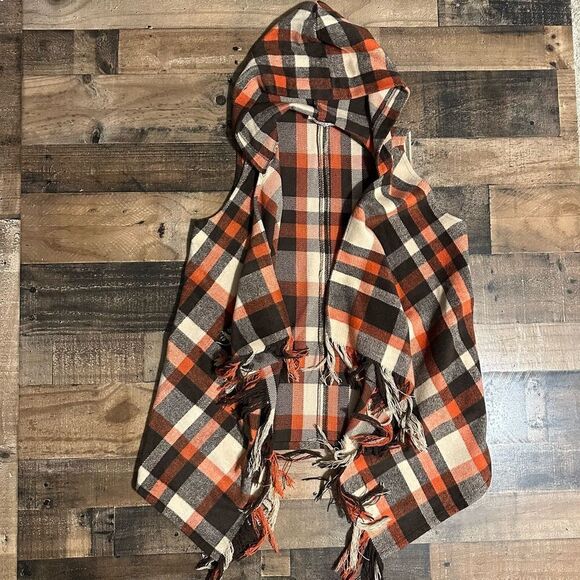 Plaid Hooded Waterfall Fringe Vest - Picture 1 of 4